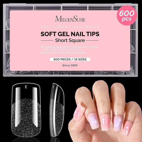 MelodySusie Short Square Nail Tips - 600Pcs 15 Sizes Clear Half Matte Full Cover Press on Nails for DIY Extension & Salon Use, Pre-Shaped for Long-Lasting Manicure