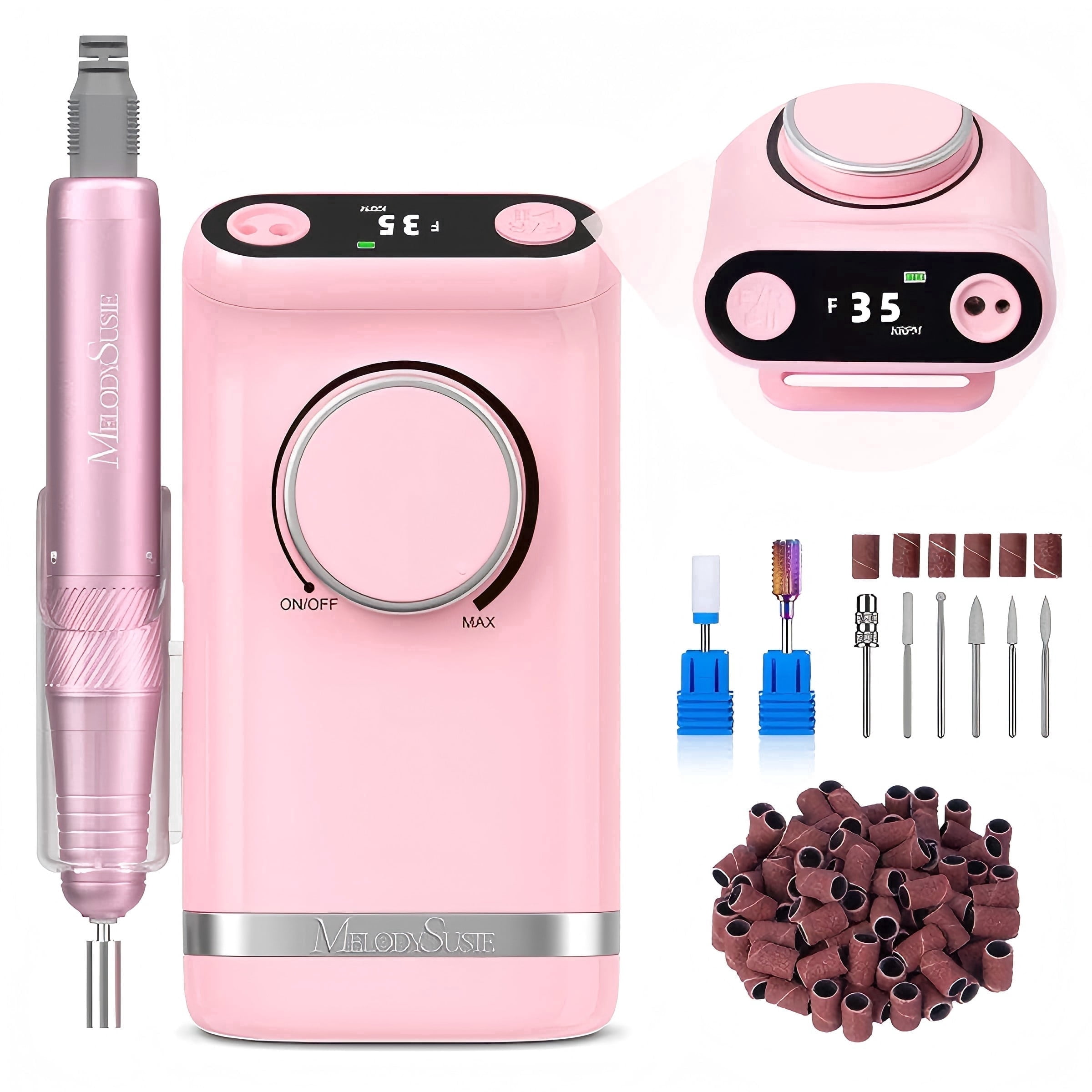 MelodySusie Upgraded Clip-On Cordless 2-in-1 Nail Drill with Tilted Display Design, SM320GW 35000RPM High-Efficiency E-File, Pink
