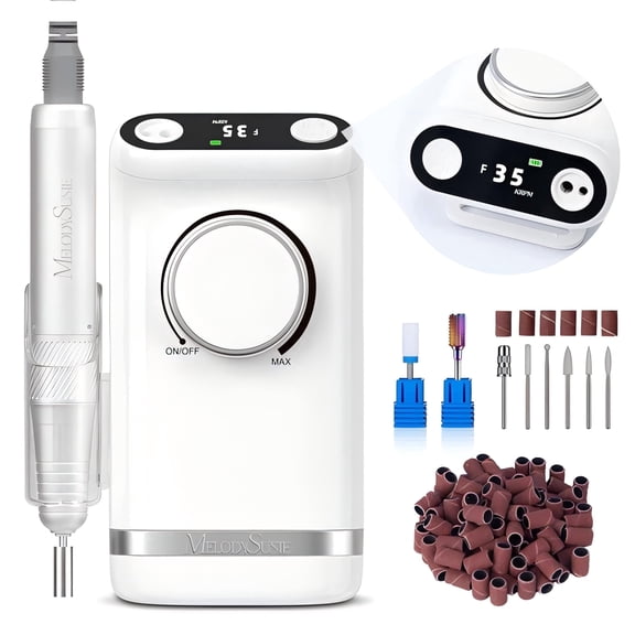 MelodySusie Upgraded Clip-On Cordless 2-in-1 Nail Drill with Tilted Display Design, SM320GW 35000RPM High-Efficiency E-File, White