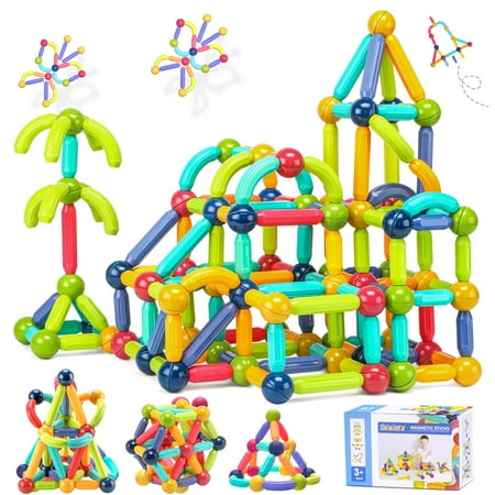 Melofaver Toddler Montessori Magnetic Building Blocks Tiles Sticks Toys for Boys Girls Ages 3 4 5 6 7 8, Kids STEM Educational Toys with Stickers, Magnet Sensory Toys Christmas Gifts for Ages 3+
