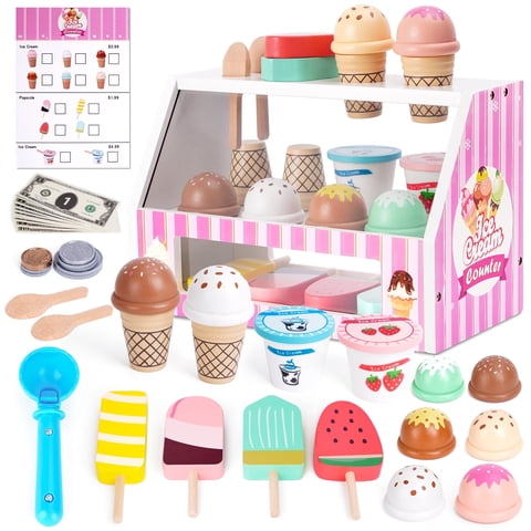 Melofaver Wooden Ice Cream Toy Pretend Play Set for Kids, Ice Cream Counter with Accessories, Toddler Food Toy, 39 Pieces