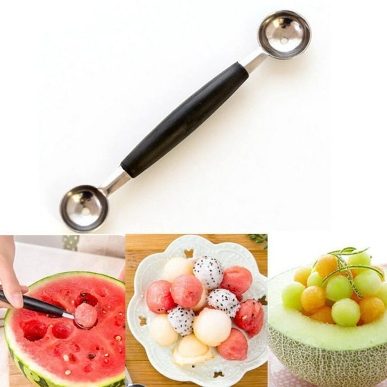 Double-Sided Fruit Melon Baller Spoon, 2 in 1 Stainless Steel Melon Ballers  Melon Scoop for Watermelon Cantaloupe Ice Cream,18cm, Black/Silver