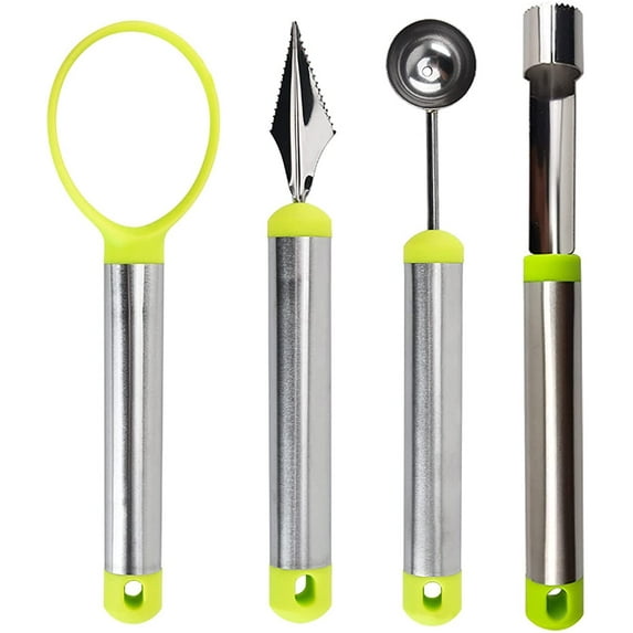 Melon Baller Scoop Set, 4 in 1 Stainless Steel Fruit Scooper Fruit Carving Tools Set Watermelon Slicer for Ice Cream Vegetable Cantaloupe Melon