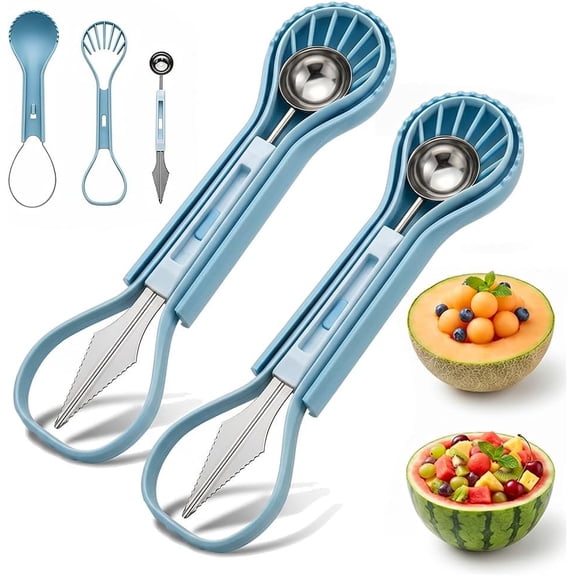 Melon Baller Scoop Set Stainless Steel Fruit Carving Tools Watermelon Scooper, 6-in-1 Fruit Cutters Shapes with Pulp Separator for Salad (2pcs-Green)Q