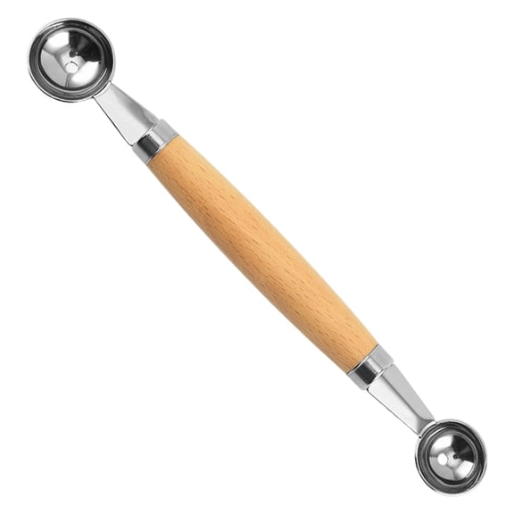 Melon Baller with Wood Handle, 2 in 1 Stainless Steel Scoop for Fruits, DIY Fruit Ball Scooper for Melon, Meatball, Dual Head Scoop for Ice Cream & Fruit, 1 Pc, 8.46x1.18"