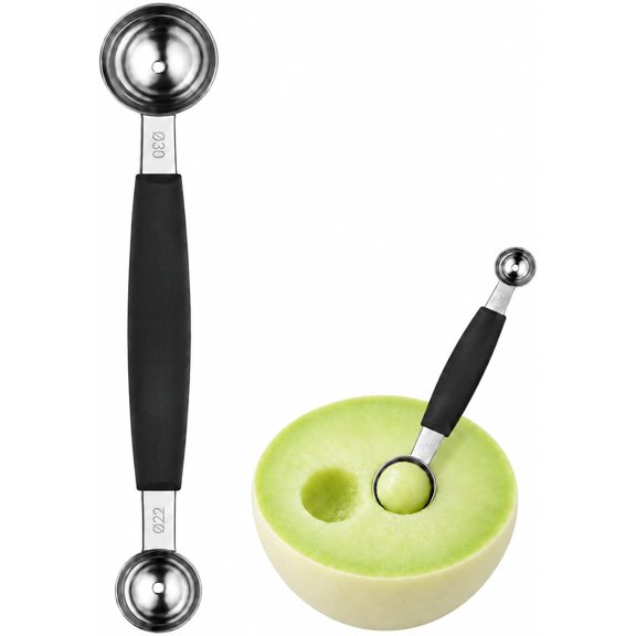 Melon Baller with 25 and 30 mm Dual Blades - 18/8 Stainless Steel Fruit Scoop with Soft Grip Handle, Black