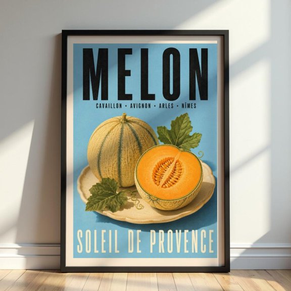 Melon French Cantaloupe Wall Art Vintage Provence Fruit Print. Provence Melon Illustration Blue And Orange, Unframed Paper Print