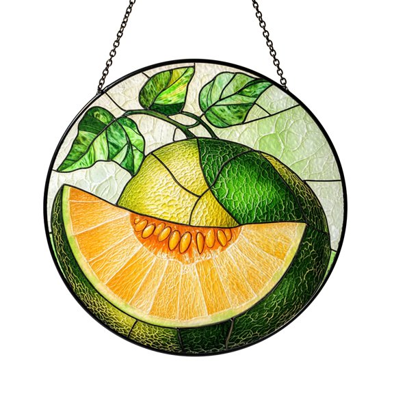 Melon Fruit Stained Glass Style Window Suncatcher Hanging Decor, Decorative Glass Panel Art for Kitchen Window Ornament
