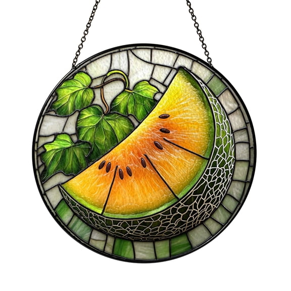 Melon Slices Stained Glass Style Suncatcher Window Hanging Decor, Fruit Decorative Glass Panel Art for Kitchen Window Decoration