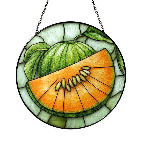 Melon Stained Glass Style Suncatcher Window Hanging Decor, Fresh Melon Fruit Decorative Glass Panel Art for Kitchen Window Decoration, Fruit Ornament for Home Window Decor