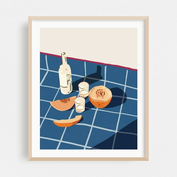 Melon Vodka Shots - India Illustration Modern Art Minimalist Kitchen Decor Fruit Abstract Mid-Century Modern Geometric Oak Framed Wall Art Print 11 x 14 inches