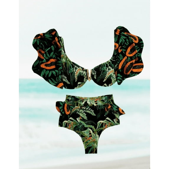 Meloria Swim and Fashion Beautiful and Elegant Ruffled Sleeve High Waist Tropical Bikini, Female, Green
