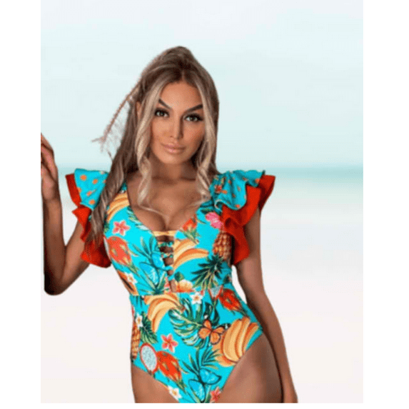 Meloria Swim and Fashion Beautiful and Stylish Ruffle Sleeves Deep-V Tropical Print Multi Color Swimsuit, Female
