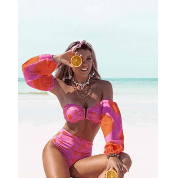 Meloria Swim and Fashion Pink Polka off-Shoulder High Waist Bikini