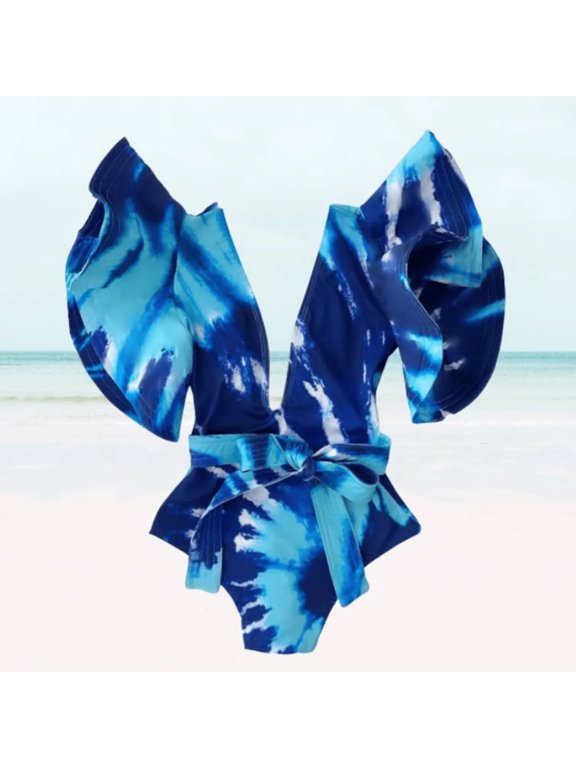 Beautiful Flutter Sleeves Swimwear, Backless Tie Dye Print Swimsuit, Female, Blue