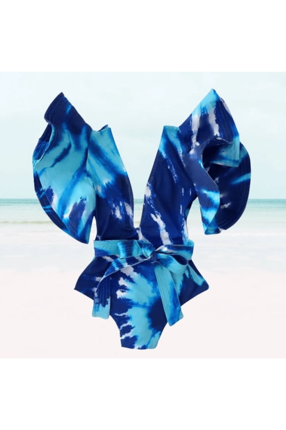 Beautiful Flutter Sleeves Swimwear, Backless Tie Dye Print Swimsuit, Female, Blue