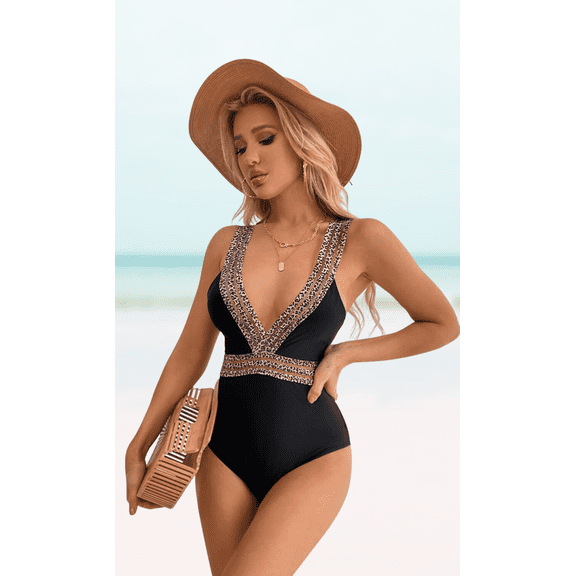 Meloria Swim and Fashion Black Leopard Print Patchwork See-Through Lace Metal-Buckle Design Sexy One-Piece Swimsuit