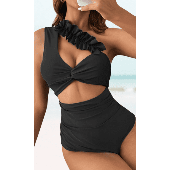 Meloria Swim and Fashion Black Padded One-Shoulder Hollow Ruffle Sexy One-Piece Swimsuit