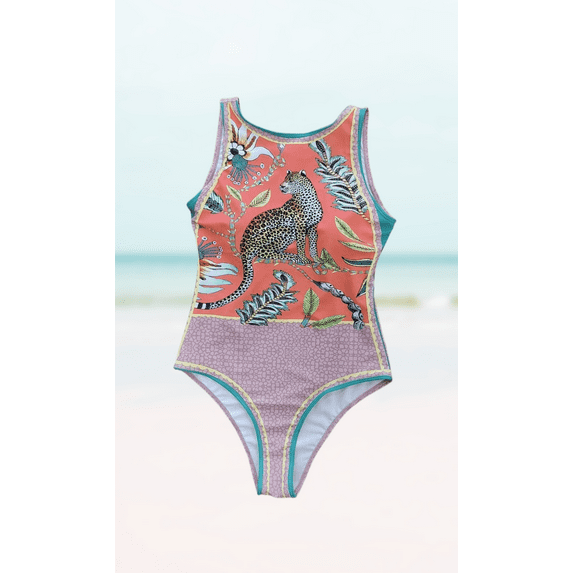 Meloria Swim and Fashion Conservative Style Leopard and Leaf Fixed Printing Padded One-Piece Swimsuit