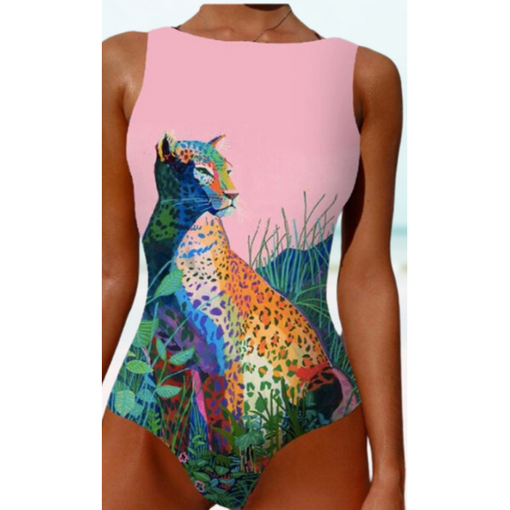 Meloria Swim and Fashion Conservative Style Leopard and Plant Fixed Printing Padded One-Piece Swimsuit