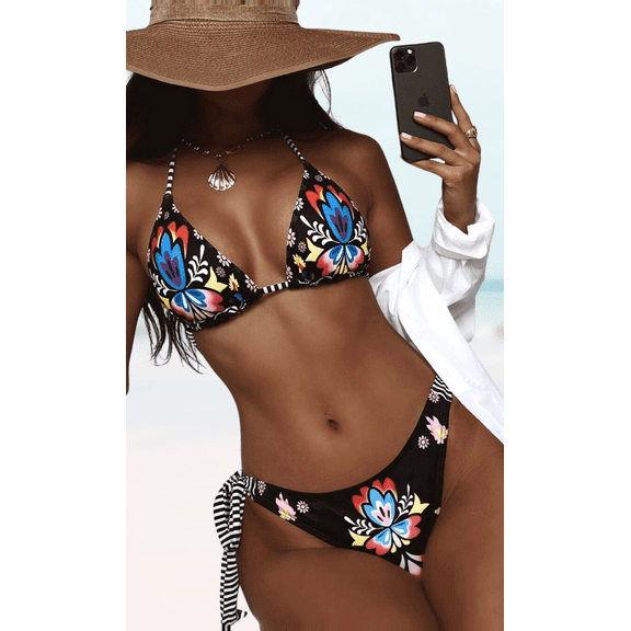 Meloria Swim and Fashion Flower Fixed Printing Padded Halter-Neck Self-Tie Triangle Sexy Two-Piece bikini
