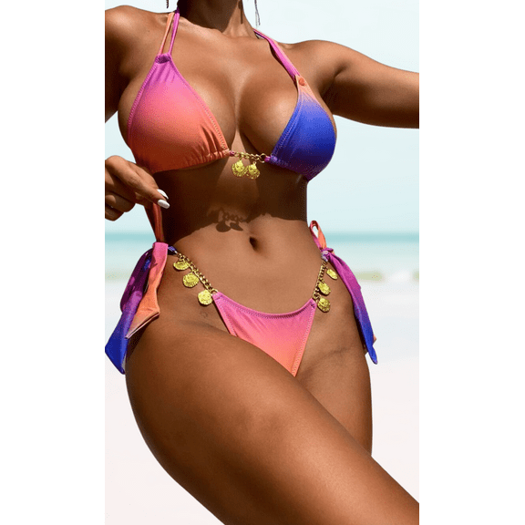 Meloria Swim and Fashion Gradient Color Padded Halter-Neck Tied Metallic Chain Shell Sexy Bikini Sets