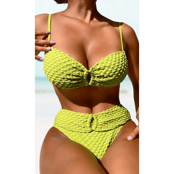 Meloria Swim And Fashion Lime Green Color Textured Padded Backless Sexy Bikini Sets