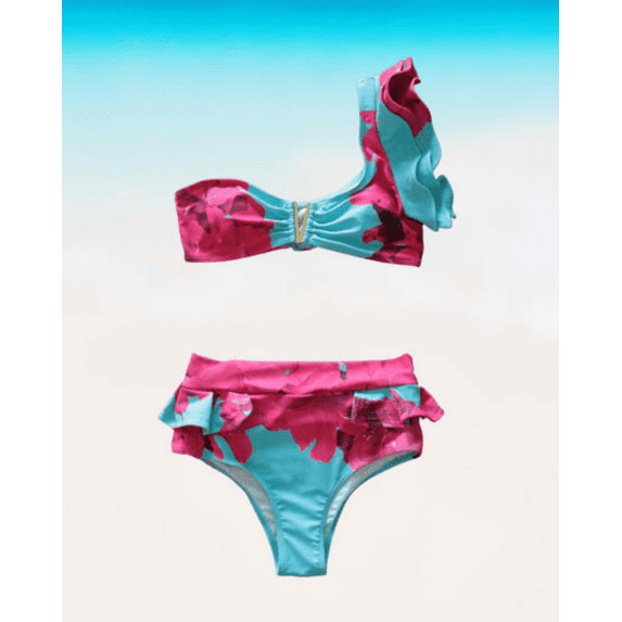 Meloria Swim and Fashion One-Shoulder High Waist Floral Print Bikini,