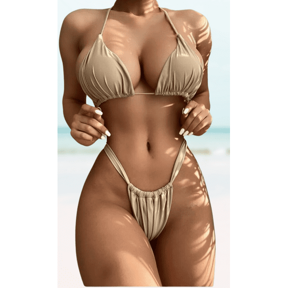 Meloria Swim And Fashion Pure Brown Color Padded Halter-Neck Triangle Thong Sexy Two-Piece Bikini