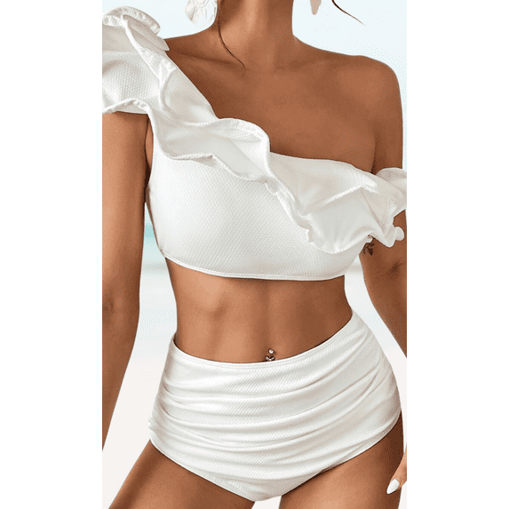 Meloriaswim Pure White color textured padded one shoulder ruffle sexy high quality tankini sets