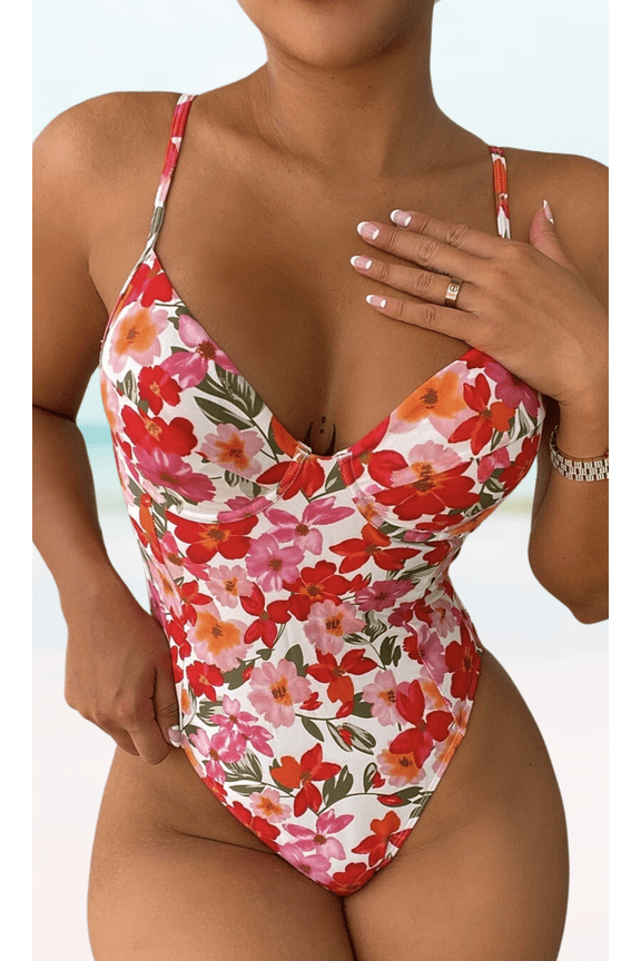 's Red Floral Padded Underwire Backless Adjustable Straps Tied Sexy One-Piece Swimwear