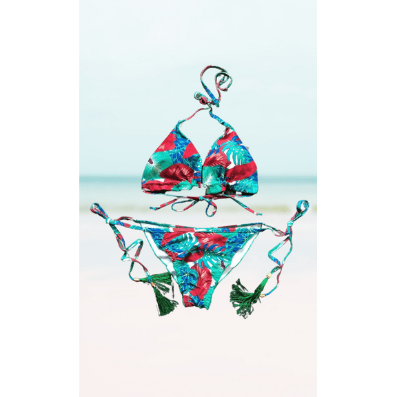 Meloriaswim Red sexy leaf printing halter neck padded backless bikini sets