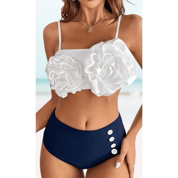 Meloria Swim and Fashion's Sexy 3D Flower Padded Backless Sling Button Decor Tankini Sets