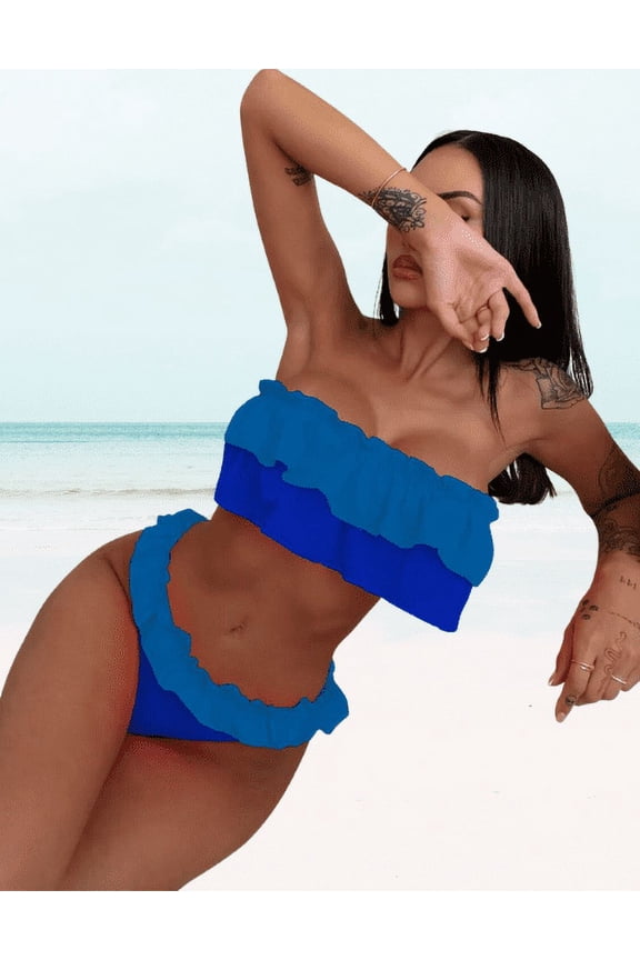 Sexy Blue Color Colorblock Padded Ruffle Bandeau Tankini Sets