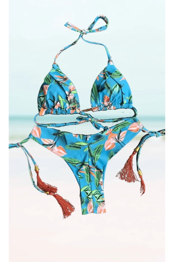 Sexy floral  Leaf Batch Printing Tassel Halter-Neck Padded Bikini Set #2