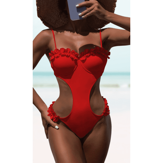 Meloria Swim And Fashion Solid Red Color Padded Underwire Ruffle Adjustable Straps Sexy One-Piece Swimwear