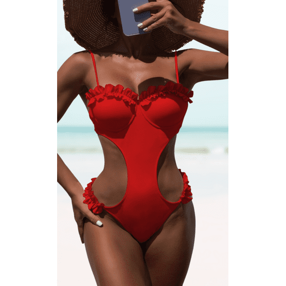 Meloria Swim and Fashion's Solid Red Color Padded Underwire Ruffle Adjustable Straps Sexy One-Piece Swimwear