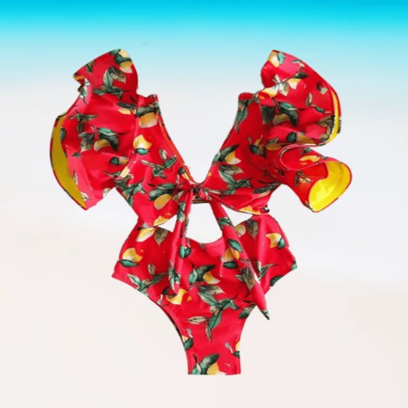Meloriaswim Stylish Flutter Sleeve Red and Lemon Swimsuit, Female