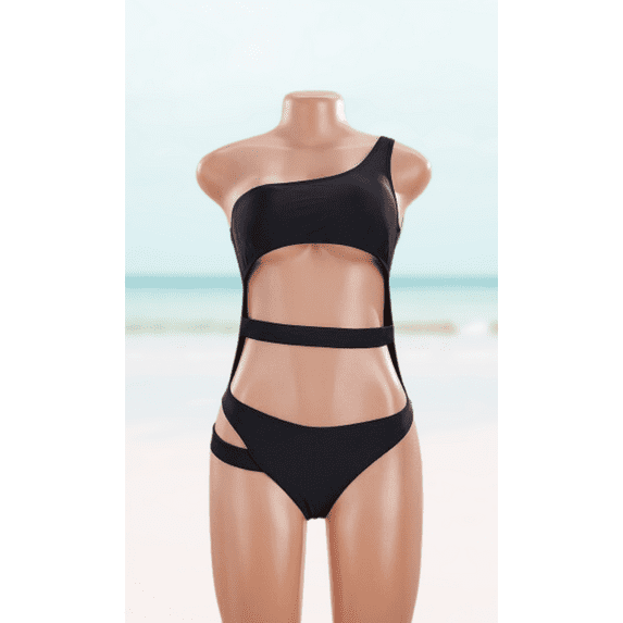 Meloria Swim and Fashion Summer Black Color Padded One-Shoulder Hollow Sexy Hot One-Piece Swimsuit