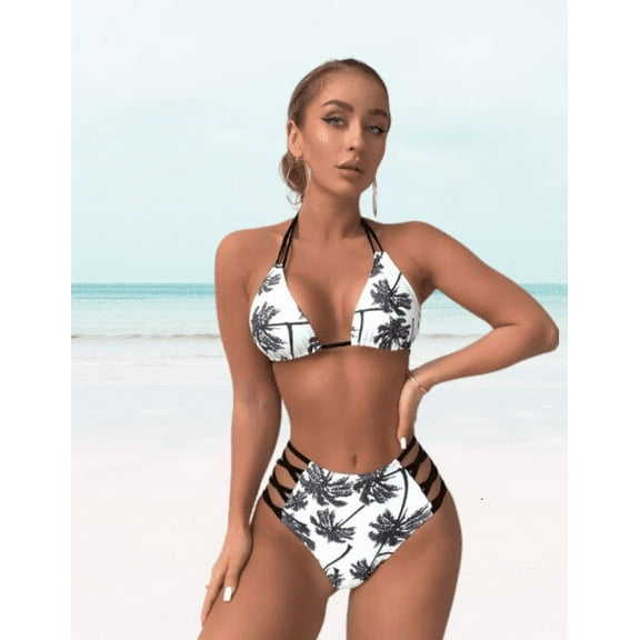 Meloria Swim and Fashion offers a white coconut tree printed halter-neck tied hollow sexy bikini set.