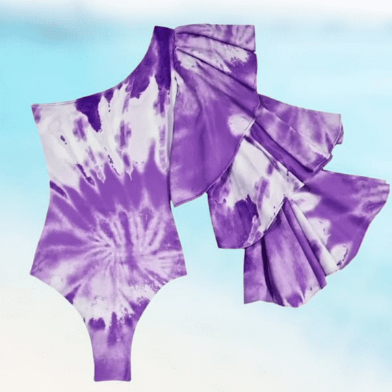 Meloria Swim and Fashion One-Shoulder, Purple Tie-Dye Swimwear, Layered Sleeve Swimsuit for Women