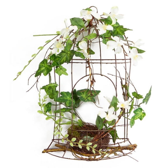 Melrose 14" White Artificial Dogwood Flowers and Ivy Table Top Birdcage Decoration