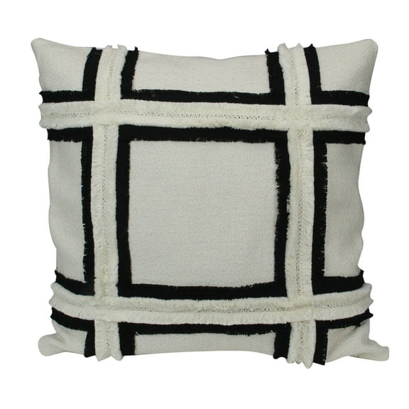 17" Ivory and Black Grid Fringe Square Throw Pillow