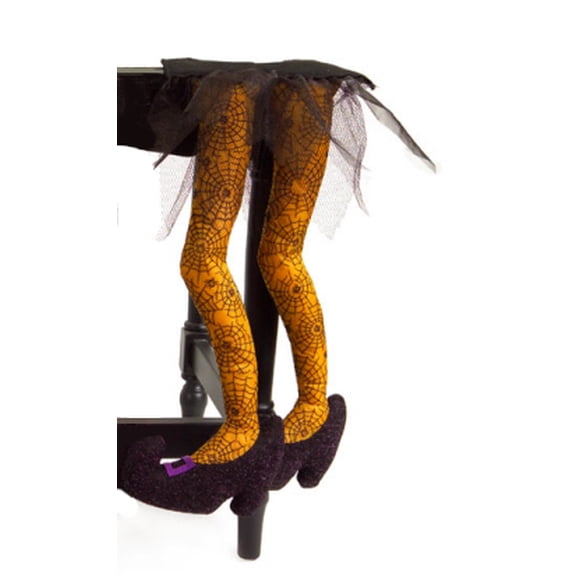 18.5" Orange and Black Spiderweb Wicked Witch Legs Halloween Tabletop Decor