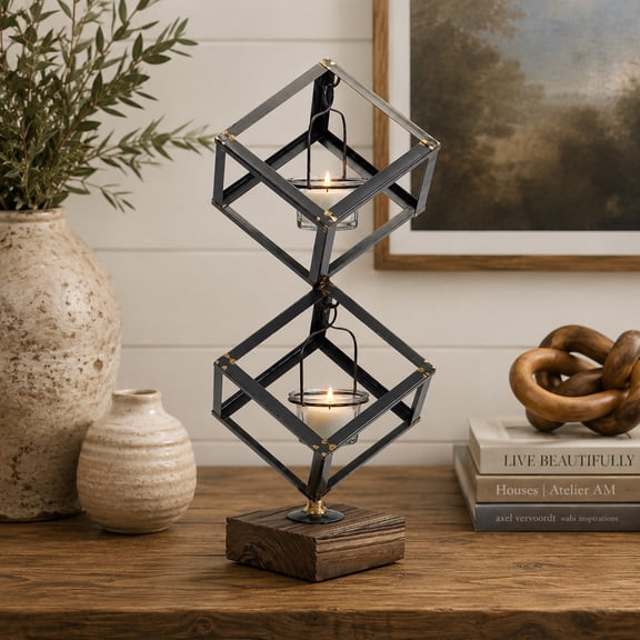 Melrose 18" Decorative Stacked Boxes on Wood Base Votive Candle Holder