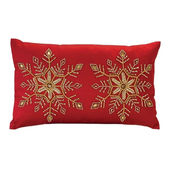 Melrose 19.5" Embroidered Bead Snowflake Rectangular Christmas Throw Pillow
