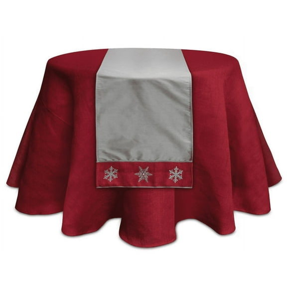 Melrose 6' x 15.5" Gray and Red Embroidered Snowflake Christmas Table Runner