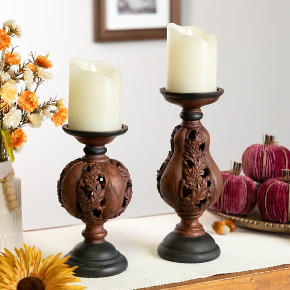 Melrose Carved Leaf Fall Harvest Pumpkin and Squash Pillar Candle Holders - 10" - Set of 2