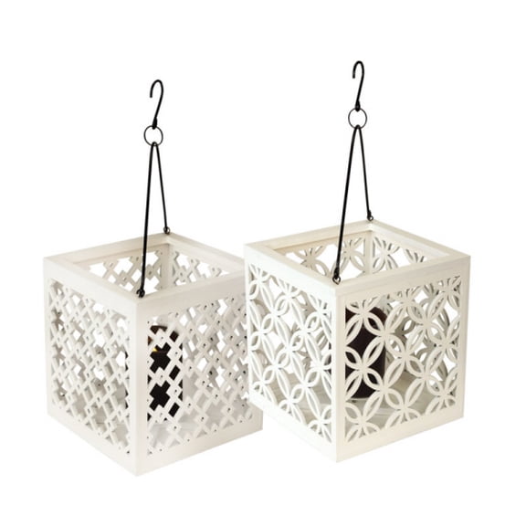 8.5" Metro White Geometric Flower Lattice Hanging Patio Pillar Candle Lantern