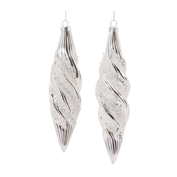 Melrose Shiny Finish Swirl Glass Christmas Drop Ornaments - 8" (200mm) - Silver - 6ct